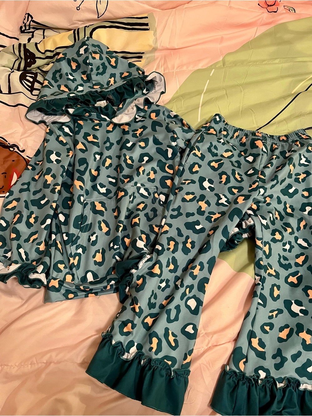 Kids Teal Leopard Print Matching Set Hoodie & Pants